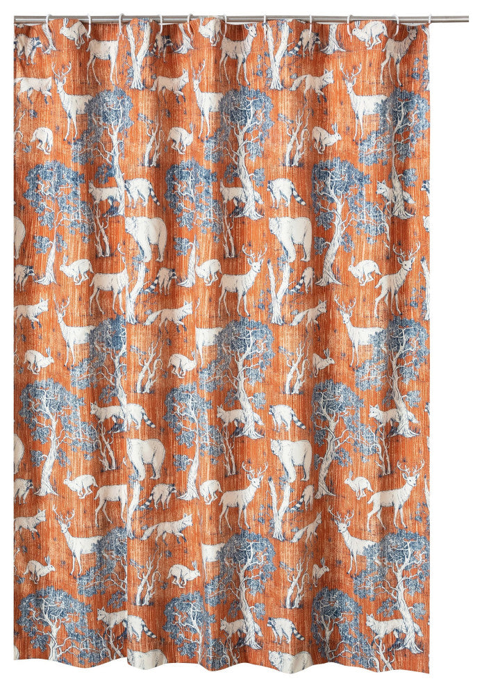 Benzara BM293452 Shower Curtain, Fun Deer and Bears Print, Orange Microfiber