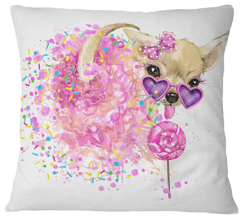 Sweet Pink Dog With Glasses Animal Throw Pillow, 16"x16"