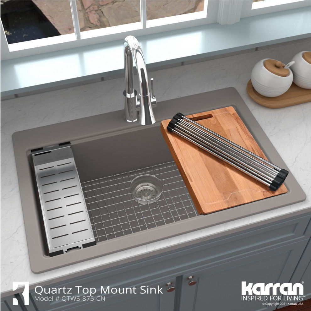 Karran Top Mount 33" Single Bowl Quartz Workstation Kitchen Sink, Concrete