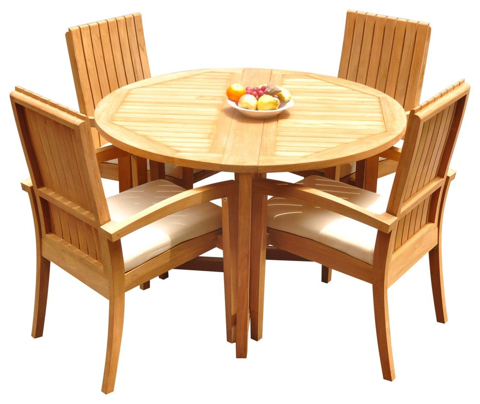 5-Piece Outdoor Teak Dining Set: 48" Butterfly Table, 4 Goa Stacking Arm Chairs