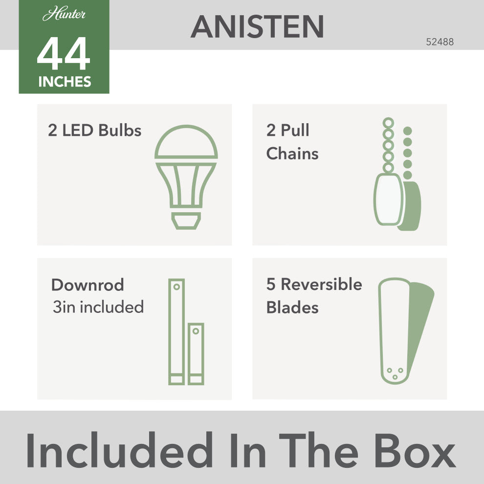 Hunter 44" Anisten Fresh White Ceiling Fan, LED Kit, Pull Chain