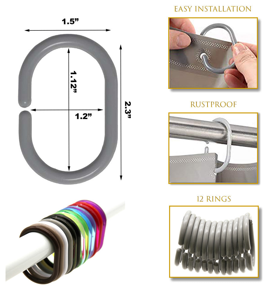 Shower Curtain Rings Plastic Hooks Solid or Clear Colors Set of 12, Solid Pearly Gray