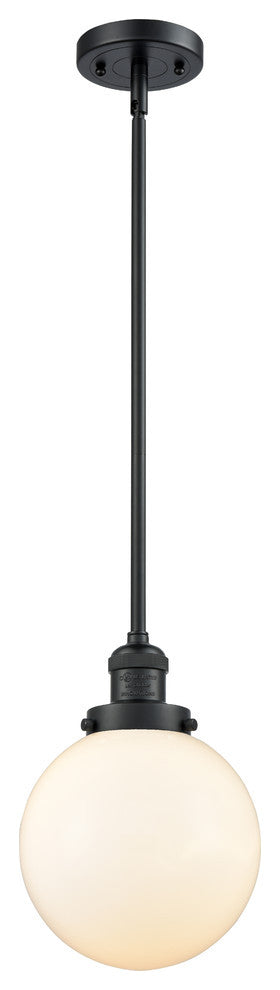 1-Light Beacon 8" Mini Pendant, Matte Black, Glass: Matte White Cased