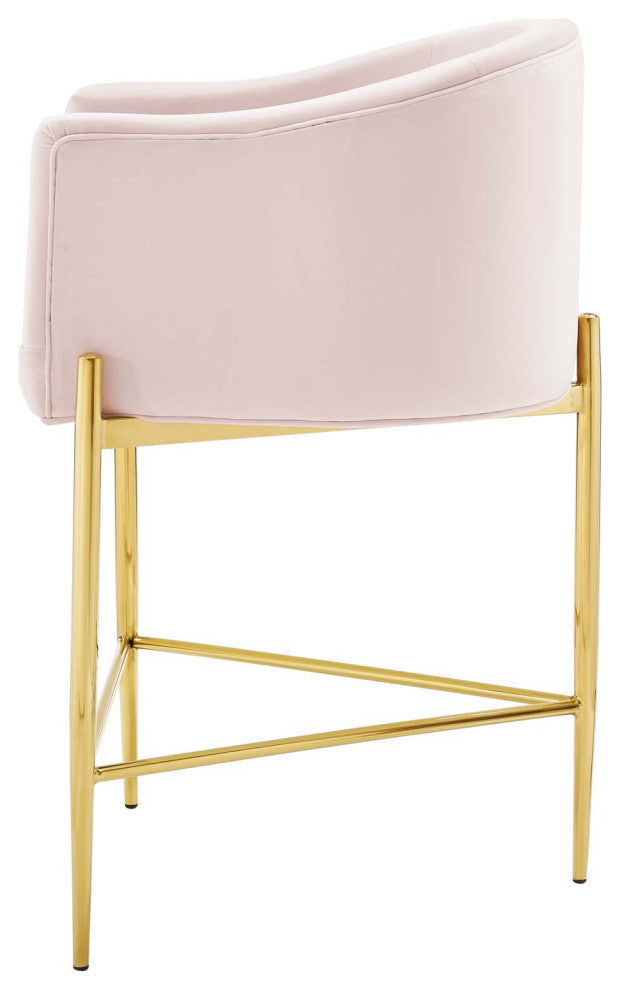 Tufted Counter Stool Chair, Velvet, Metal, Pink, Bar Pub Cafe Bistro Restaurant