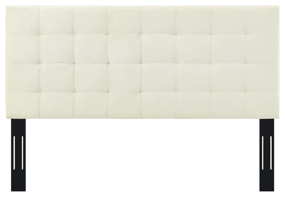Contemporary Modern Full and Queen Size Tufted Headboard, Velvet, Ivory White