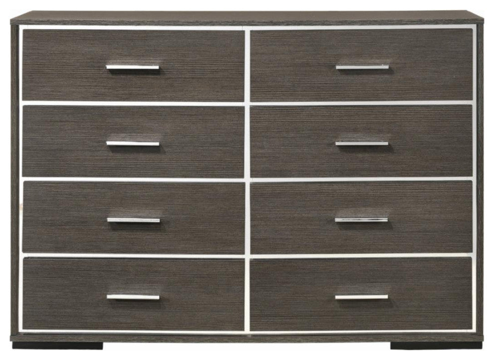 Contemporary Double Dresser, 8 Spacious Drawers With Aluminum Pulls, Gray Oak