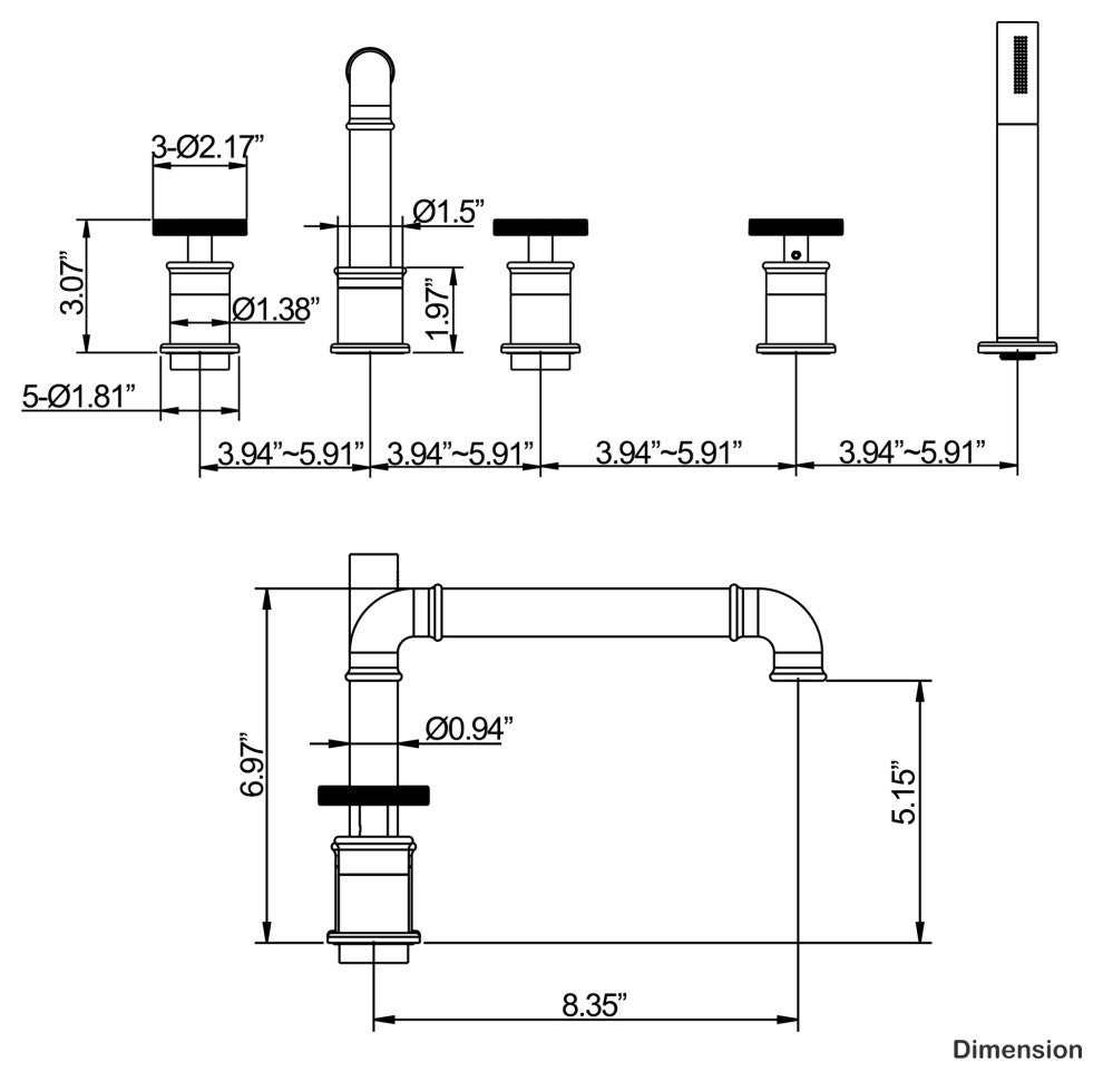 Modern 3-Handle Deck Mounted Roman Tub Faucet With Handshower, Matte Black