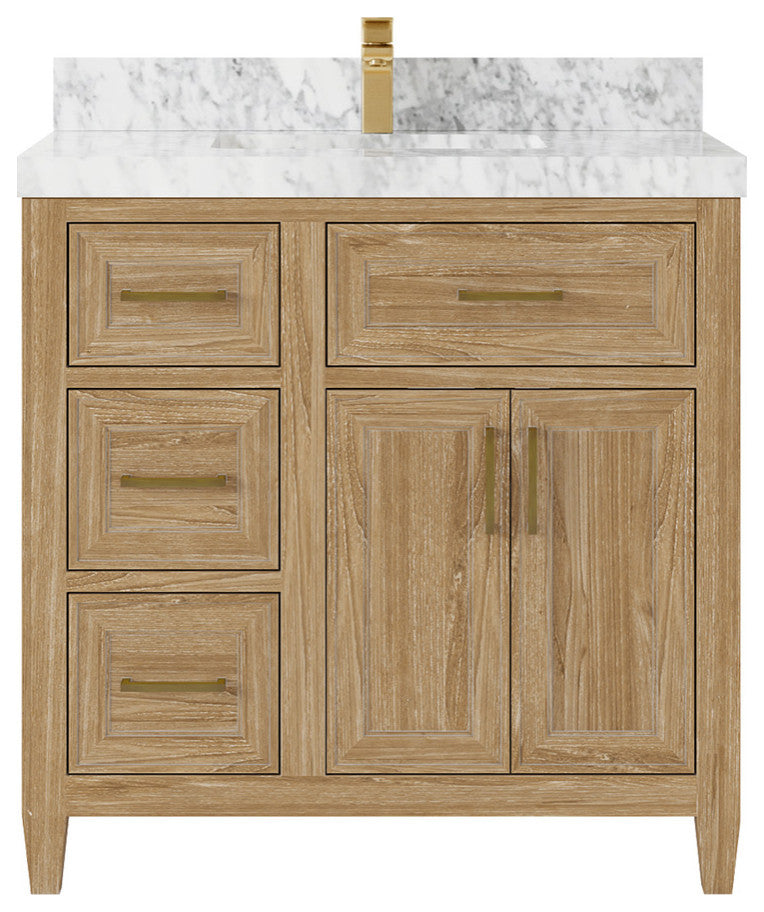 Santa Monica 36 Center Sink Bath Vanity in Whitewashed Teak 2" Carrara Marble