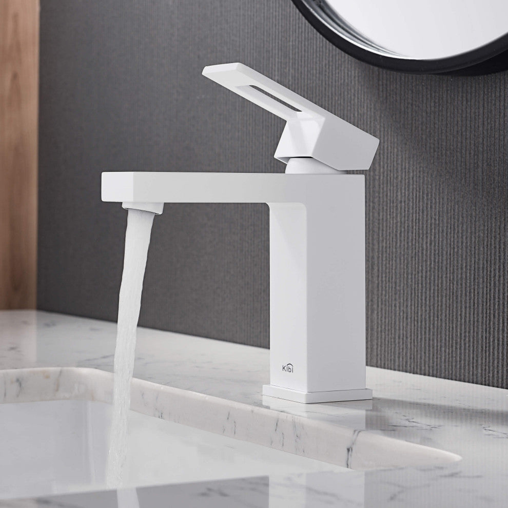 Cubic Single Hole Bathroom Faucet KBF1002, Matte White,, Drain
