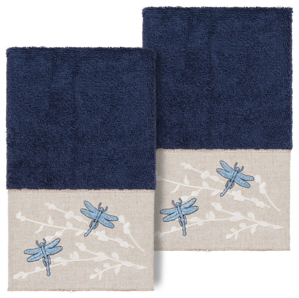 Linum Home Turkish Cotton Braelyn 2-Piece Embellished Hand Towel Set, Navy