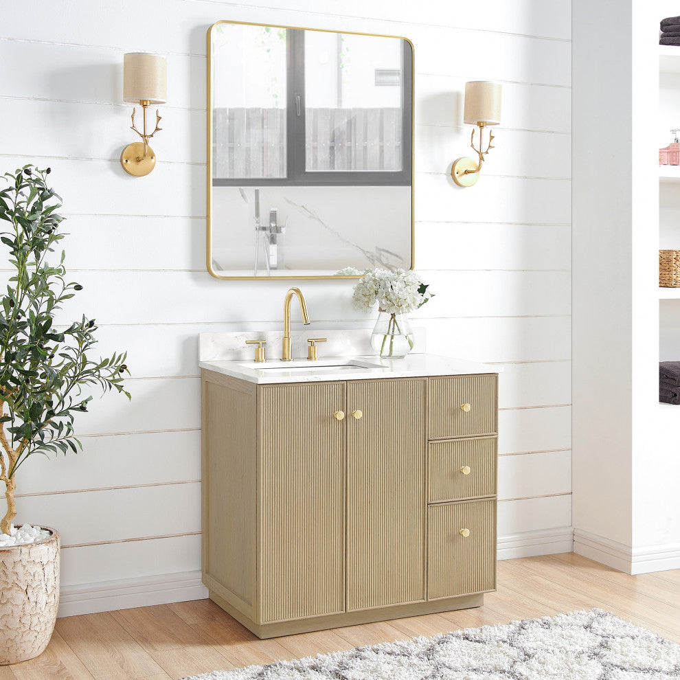 Oza Bath Vanity with Quartz Stone Top, Aged Natural Oak, 36", Single Vanity, No Mirror