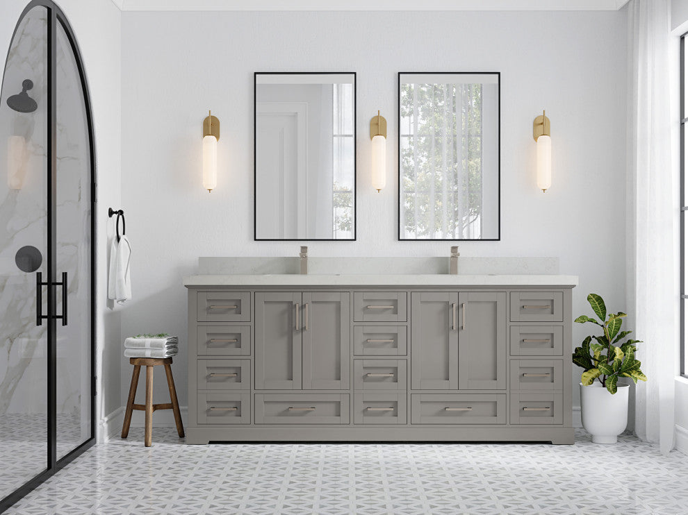 Boston 84 Double Sink Bath Vanity in Elephant Skin Gray 2" Carrara Quartz