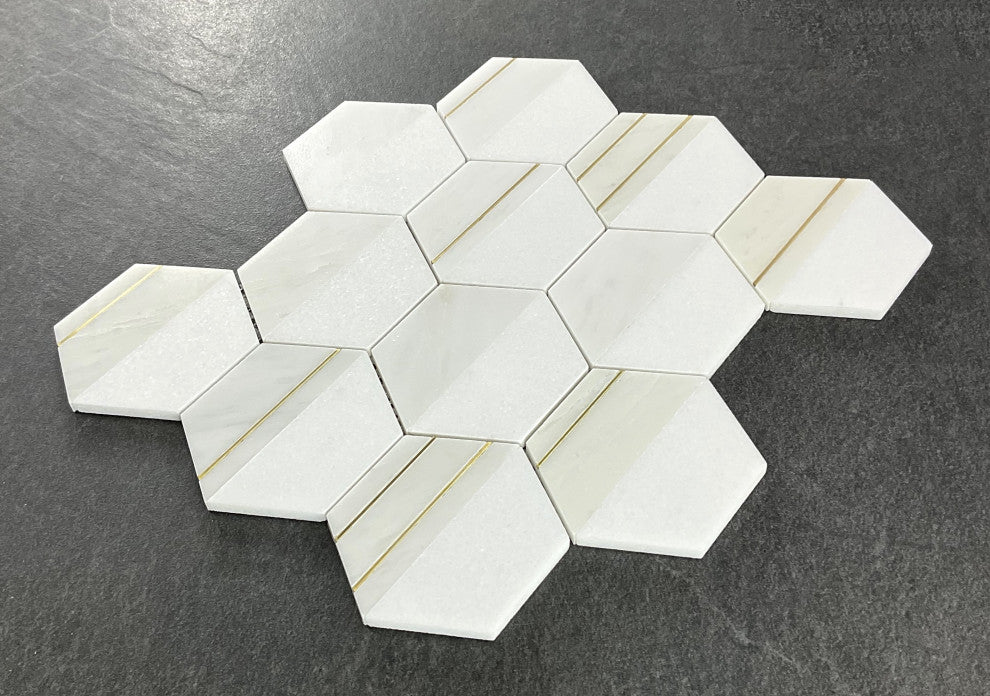 8-Pieces of 4" Hexagon Mix Marble And Metal Mosaic Tile