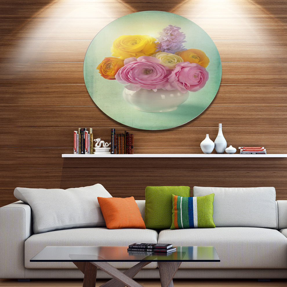 Pink And Yellow Ranunculus Flowers, Floral Round Metal Wall Art, 11"