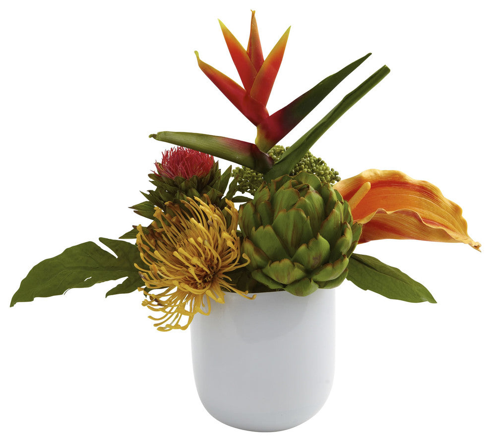 Tropical Floral Arrangement With White Glass Vase