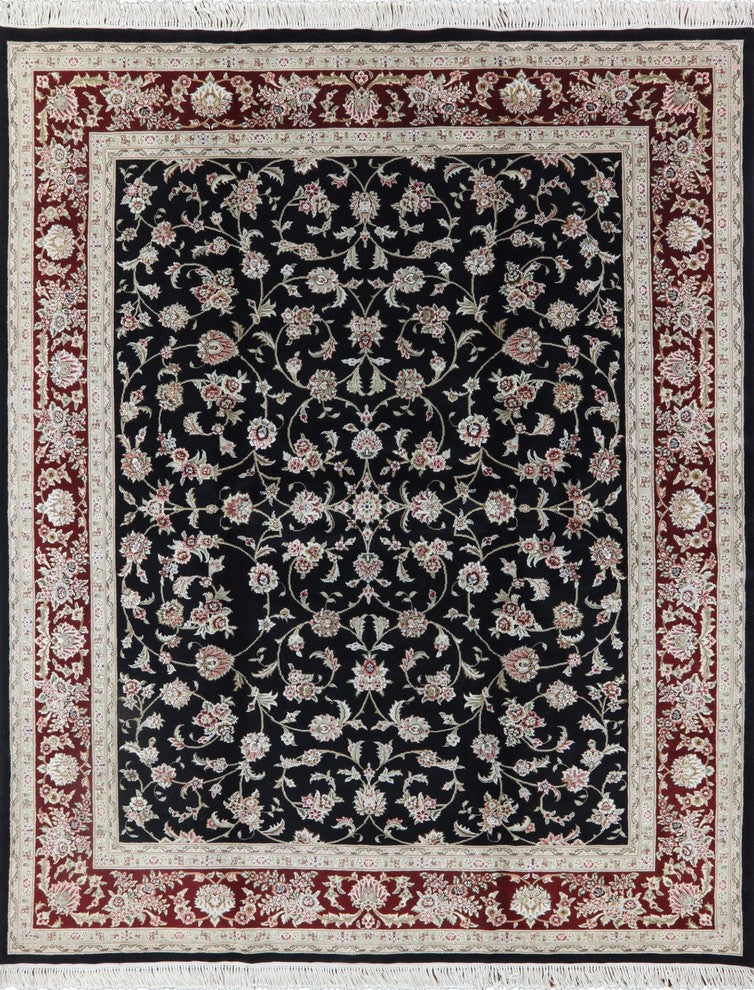 8'x10' Black Herati Design Floral Wool & Silk Tabriz Hand Knotted Area Rug H8798