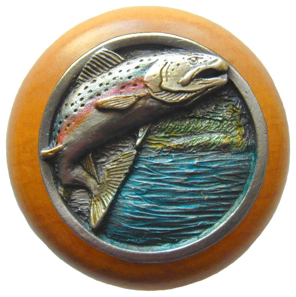 Leaping-Trout Maple Wood Knob, Hand-Tinted Pewter