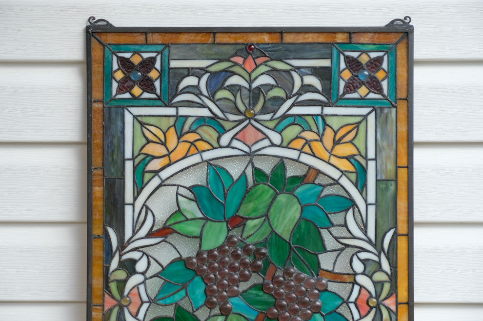 20" x 33.75" Large Handcrafted glass window panel Grape W/ Vine