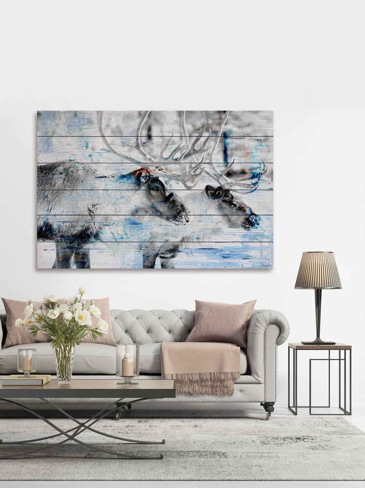 "Reindeer Pair" Painting Print on White Wood, 45"x30"