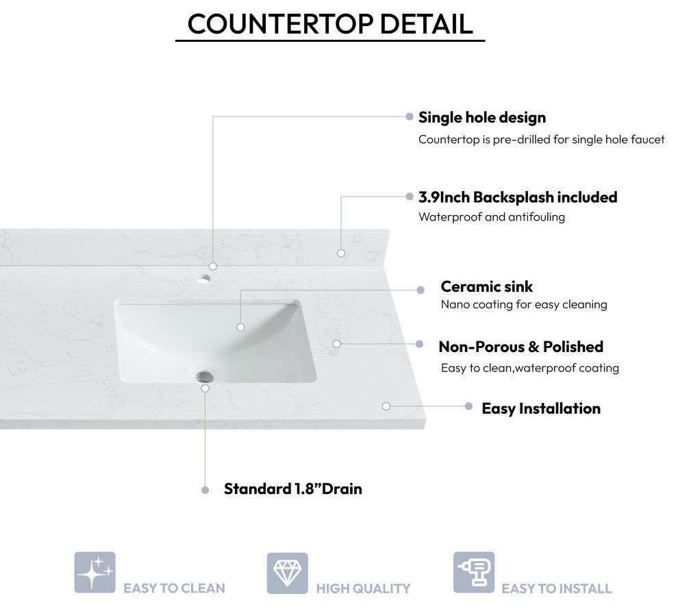 Malaga Composite Stone Vanity Top With Ceramic Sink, Grain White, 73"
