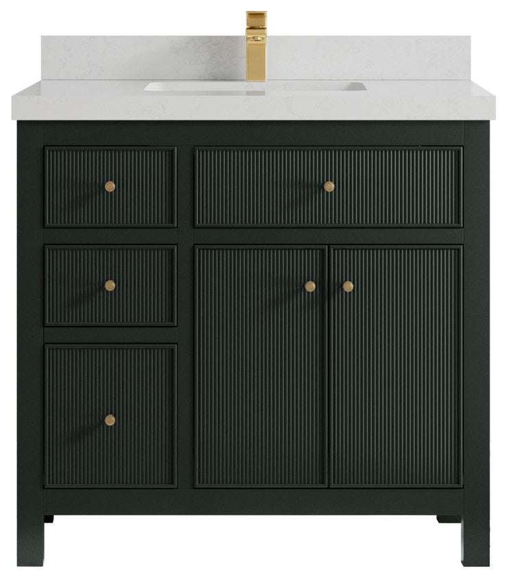 Sonoma 36 Center Sink Reeded Bath Vanity in Dark Forest Green 2" Carrara Quartz
