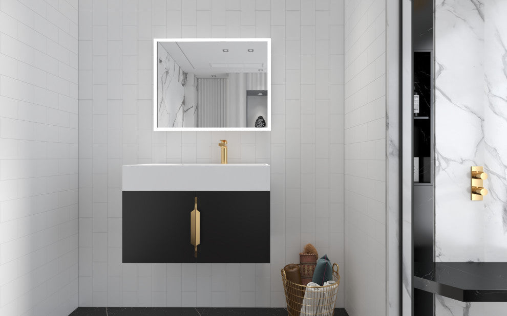 CastelloUSA Amazon 30" Right Wall Mounted Bathroom Vanity Set, Black, White Top, Gold