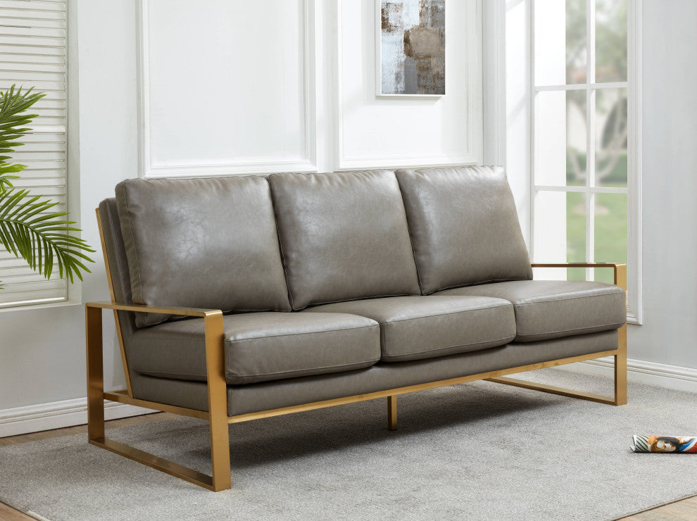 LeisureMod Jefferson Modern Design Faux Leather Sofa With Gold Frame, Gray