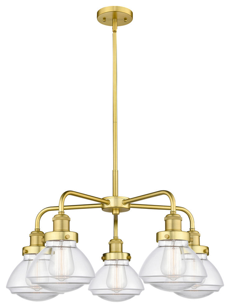 Olean-5 Light 25" Stem Chandelier-Satin Gold, Clear Glass Shade