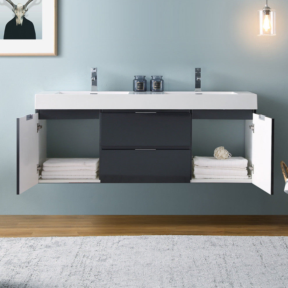Valencia Wall Hung Double Sink Bathroom Vanity, Dark Slate Gray, 60"