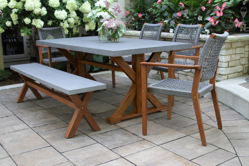 6-Piece Eucalyptus and Composite Dining Set With Bench and Stacking Armchairs