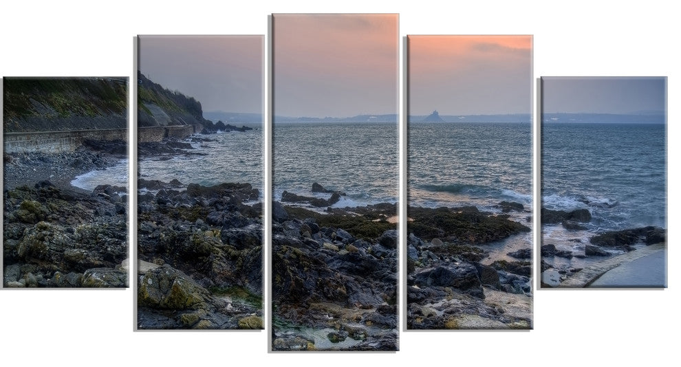 "Dark Rocky Seashore Sunrise" Seashore Canvas Art, 5 Panels, 60"x32"