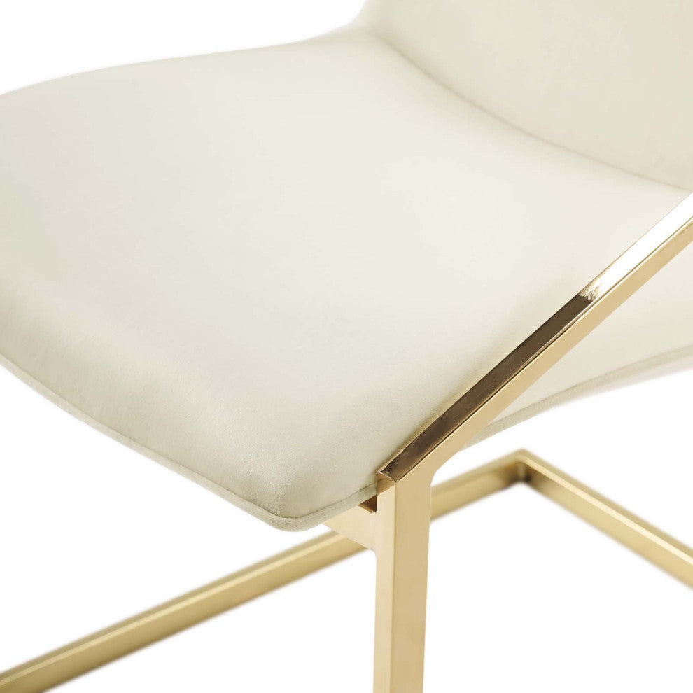 Side Dining Chair, Velvet, Metal, Gold Ivory White, Modern, Bistro Restaurant