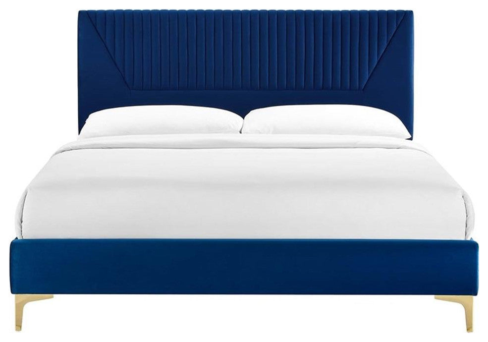 Modway Yasmine Channel Tufted Velvet Full Platform Bed in Navy Finish