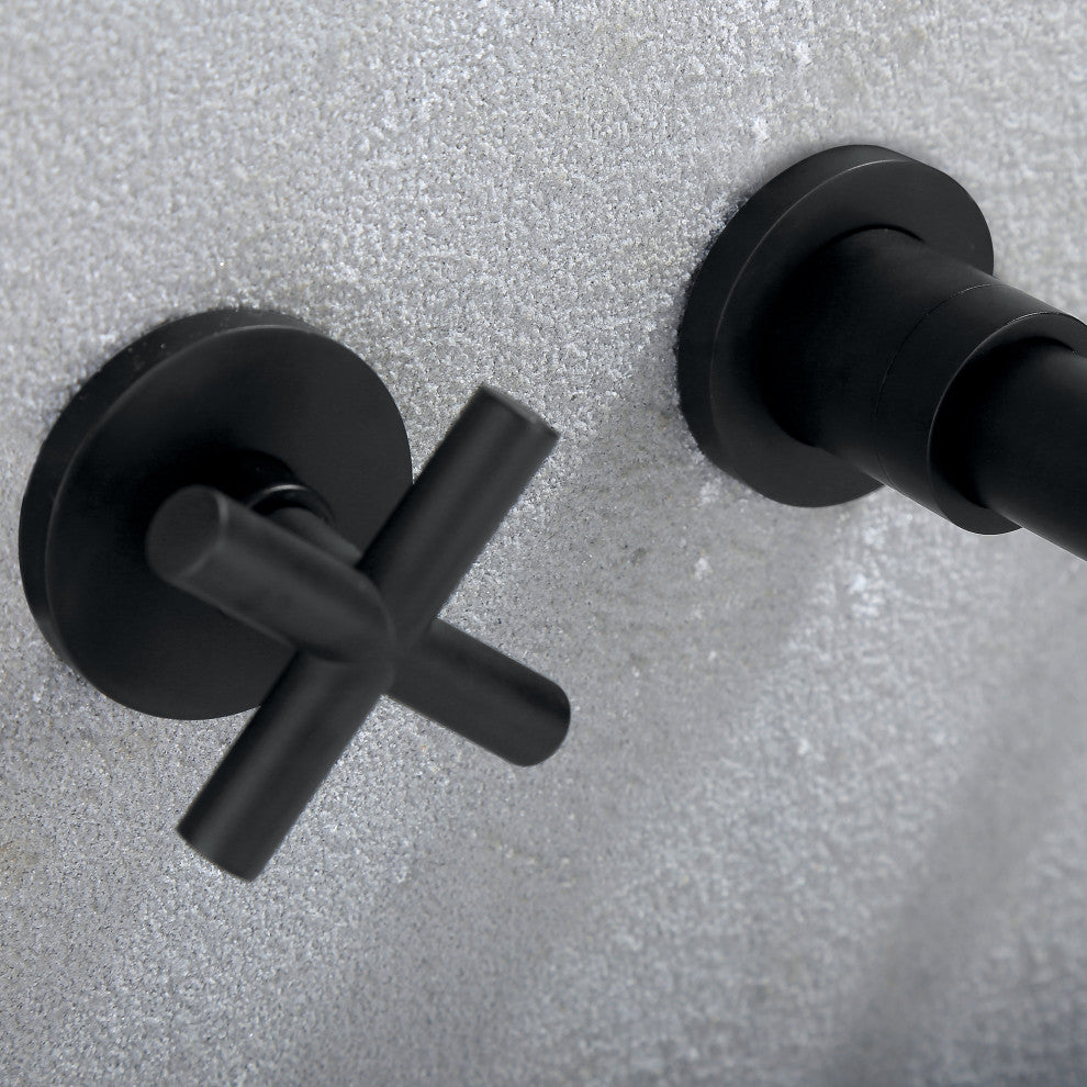 Three Holes Dual Handles Wall Mounted Bathroom Sink Faucet, Matte Black