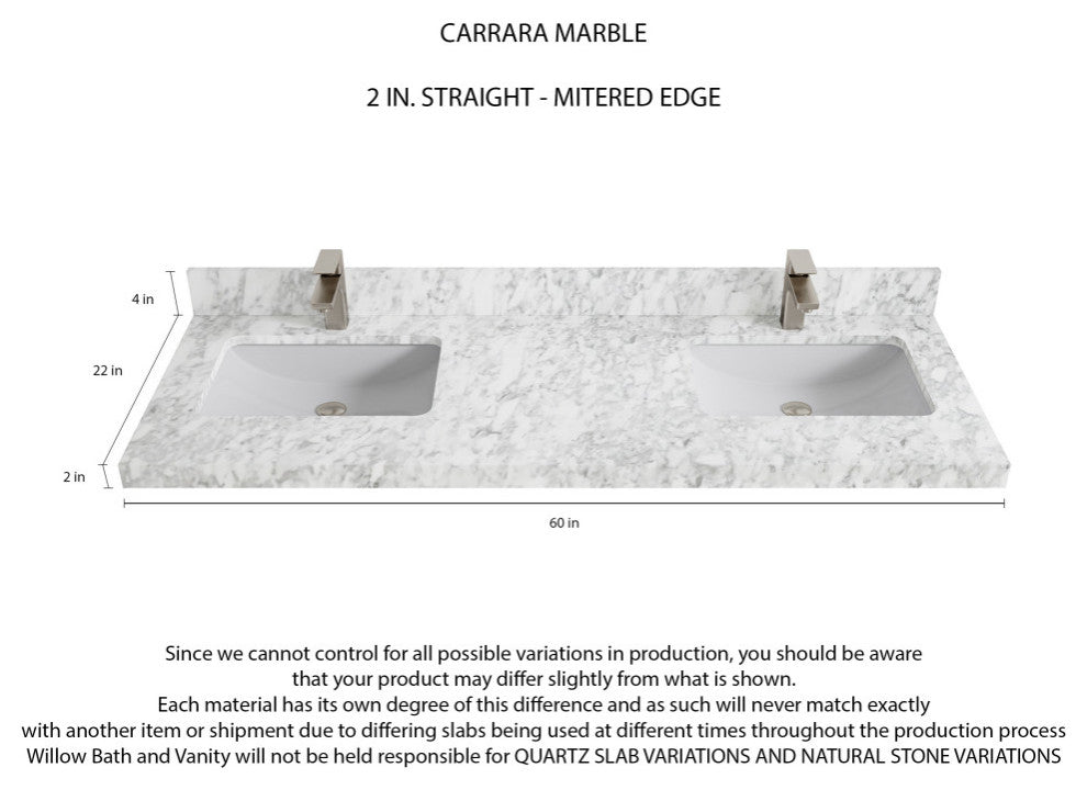 Aberdeen 60 Double Bathroom Vanity in White 2" Carrara Marble
