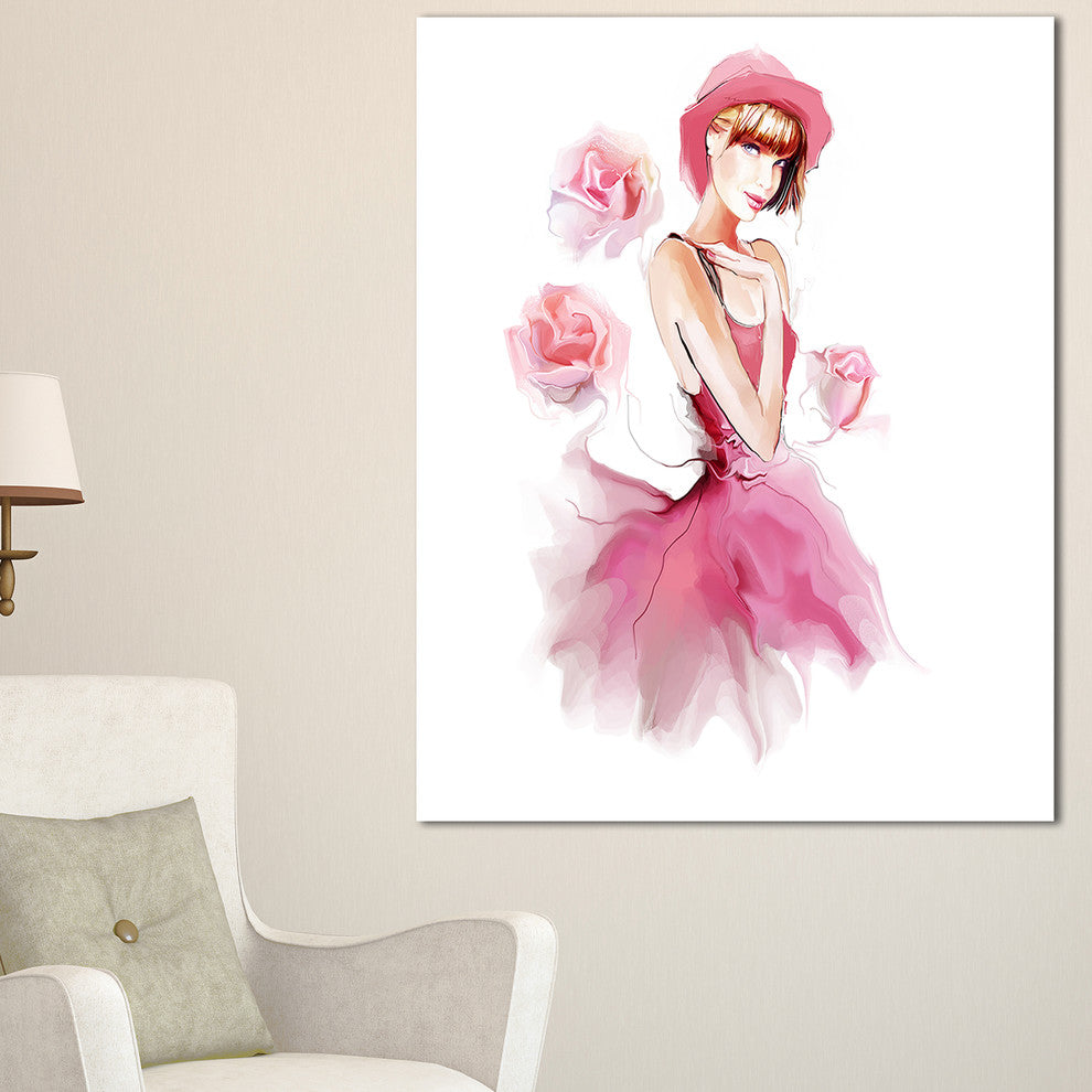 "Woman in Pink Dress and Hat" Digital Portrait Canvas Print, 16"x32"