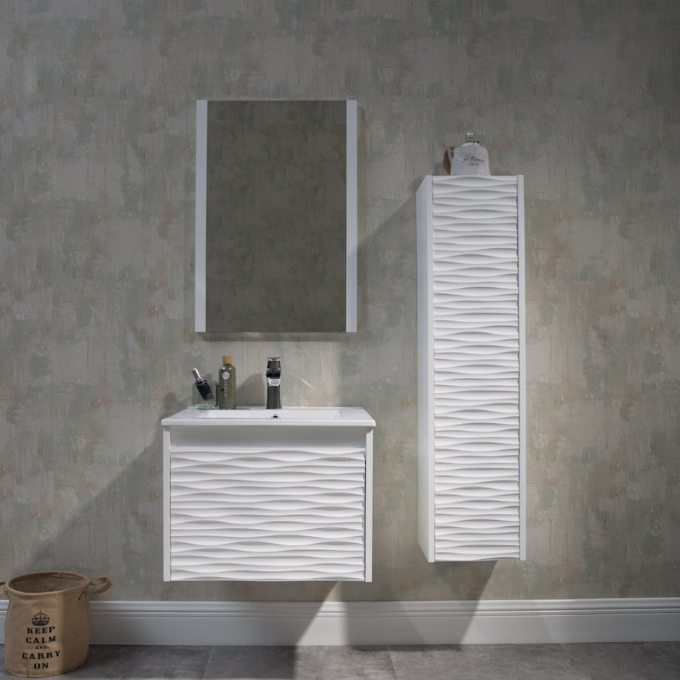 Floating Bathroom Vanity Set, Glossy White, 24" With Sink, Mirror & Side Cabinet