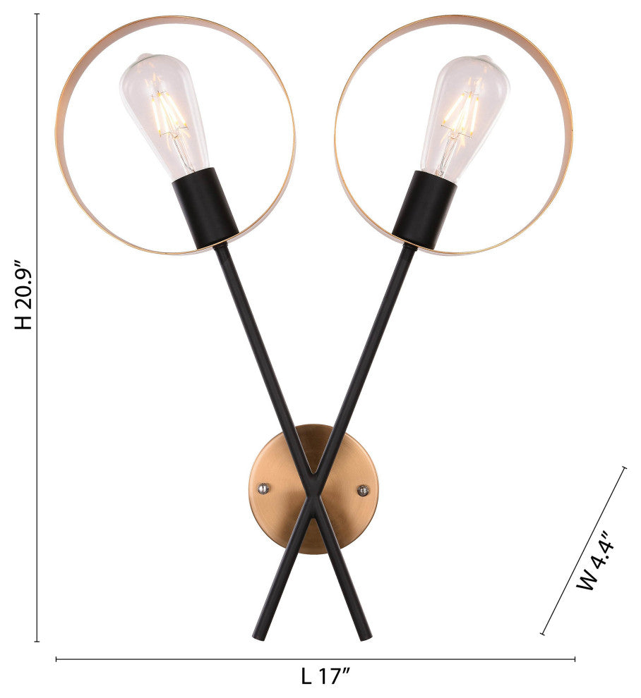2-Light Black and Gold Metal Wall Sconce