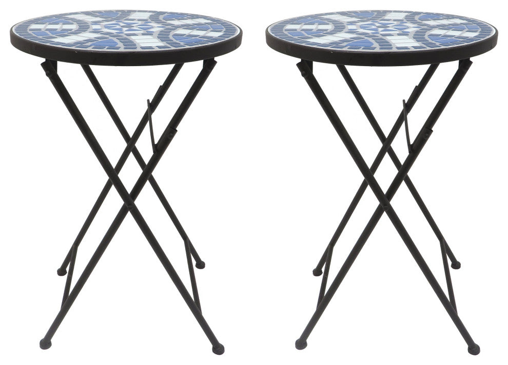 Mosaic Art Collection Accent Table with Foldable Legs, Blue Daisy, 2 Tables Set