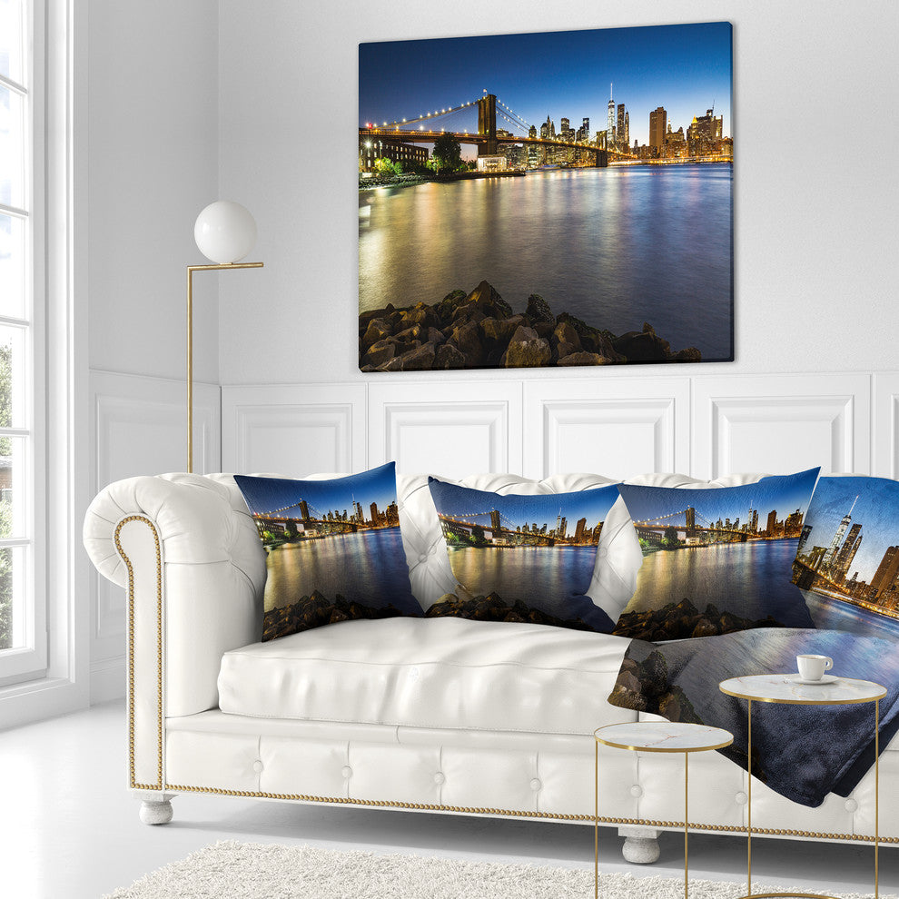 Distant View of Brooklyn Bridge Cityscape Throw Pillow, 16"x16"
