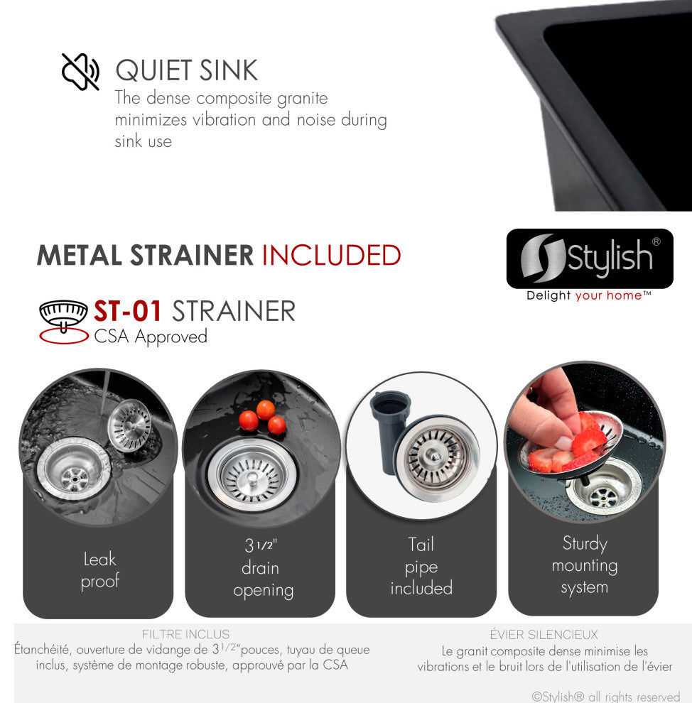 Dual Mount 22" Single-Bowl Black Granite Kitchen Sink with Strainer