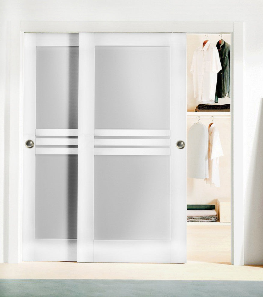 Sliding Glass 4 Lites Bypass Doors / Mela 7222 White Silk / Rails, 36" X 96" ( 2* 18x96)