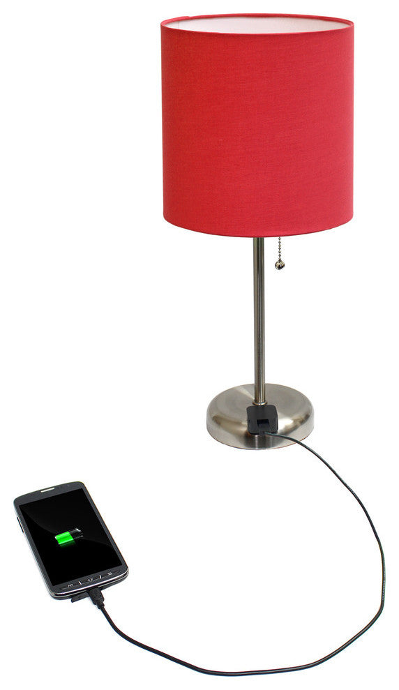 Limelights Stick Lamp With Charging Outlet and Fabric Shade, Red Shade