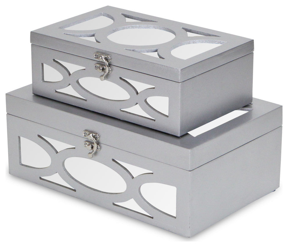 Set of Two Silver Oval Scroll Mirror Jewelry Storage Boxes