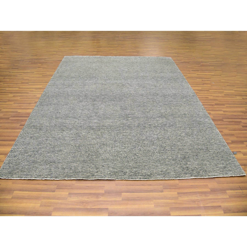 Gray, Modern Grass Design, Natural Undyed Wool, Hand Knotted, Rug, 8'x10'1"