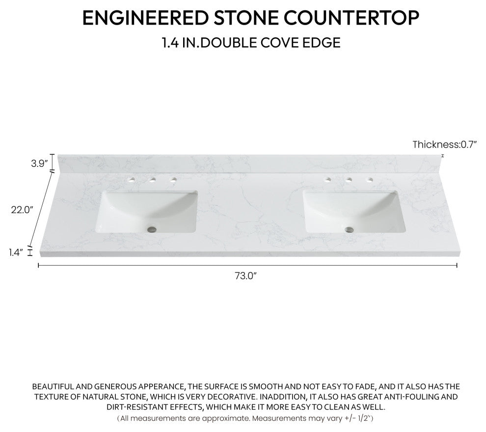 Jaen Composite Stone Vanity Top With Ceramic Sink, Grain White, 73"