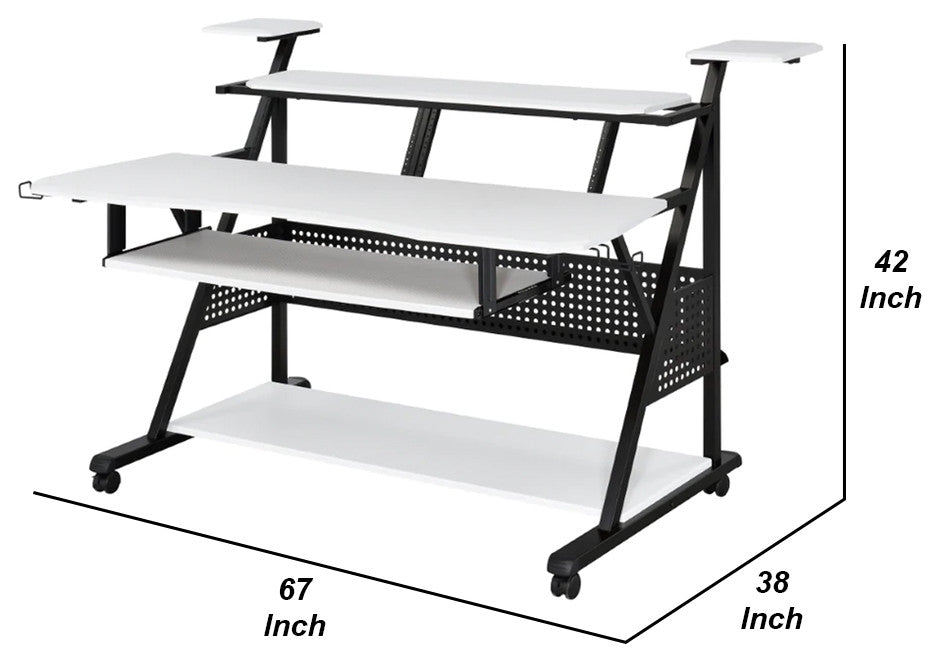 Benzara BM276207 Music Desk Workstation, Speaker Shelf, Keyboard Tray, White