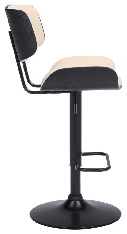 Cream and Black Fabric and Iron Adjustable Height Swivel Bar Chair