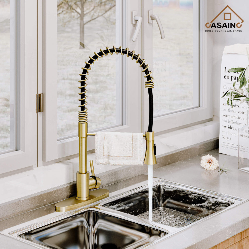 Spring Standard Kitchen Faucet with Dual-Function Spray Head and Deck Plate, Brushed Gold