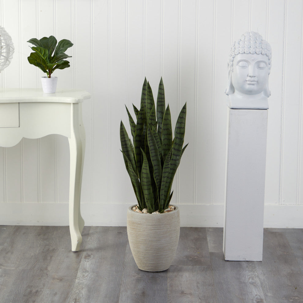40" Sansevieria Artificial Plant, Sand Colored Planter